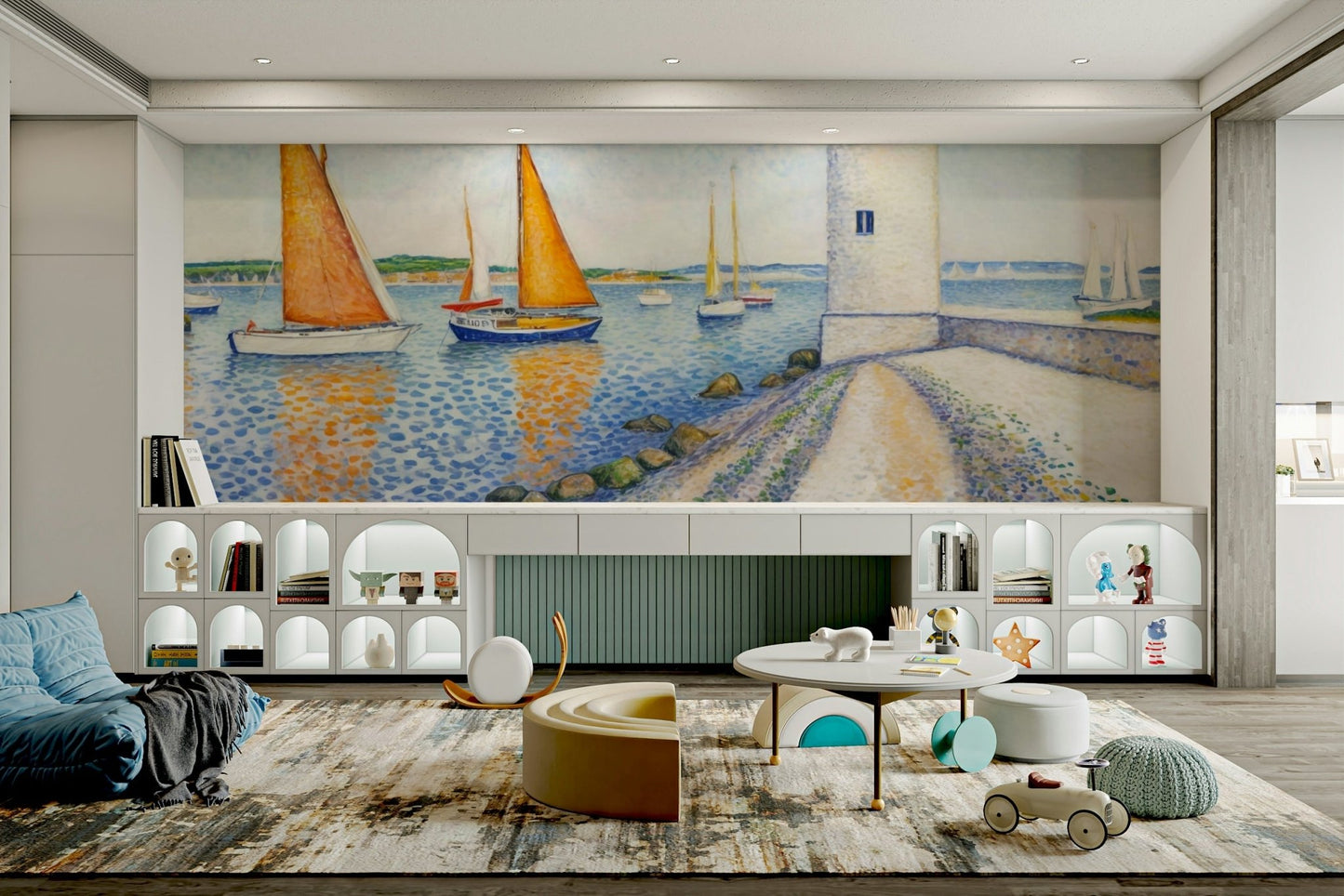 The mural shows a peaceful seascape with a lighthouse.

