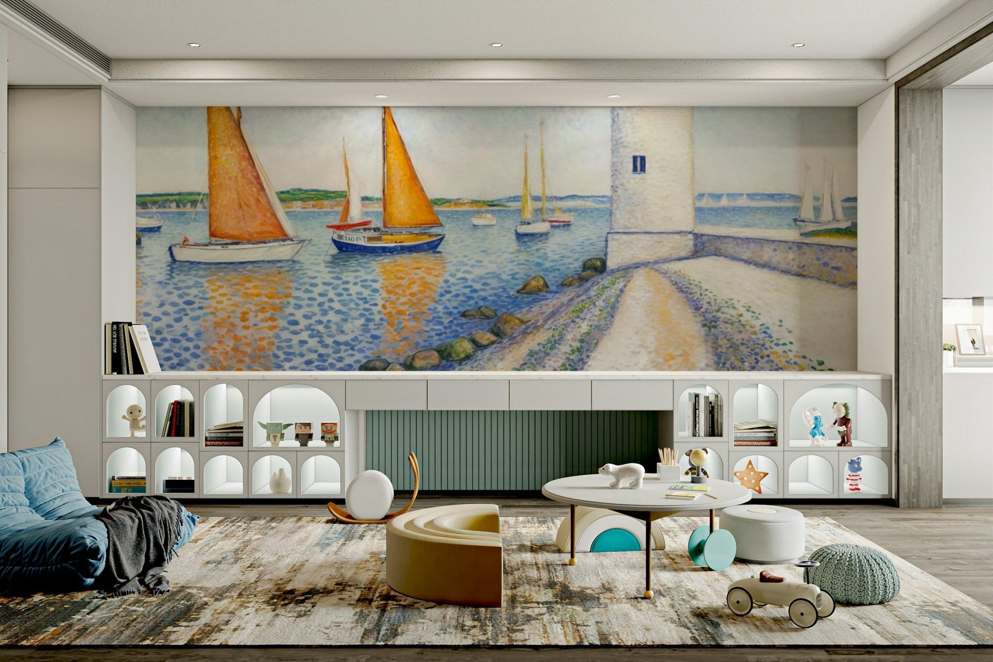 The mural shows a peaceful seascape with a lighthouse.

