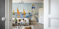 Wall mural with a pointillist maritime scene.

