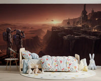 Contemporary girl room wallpaper with a futuristic Mars vista and crater view.