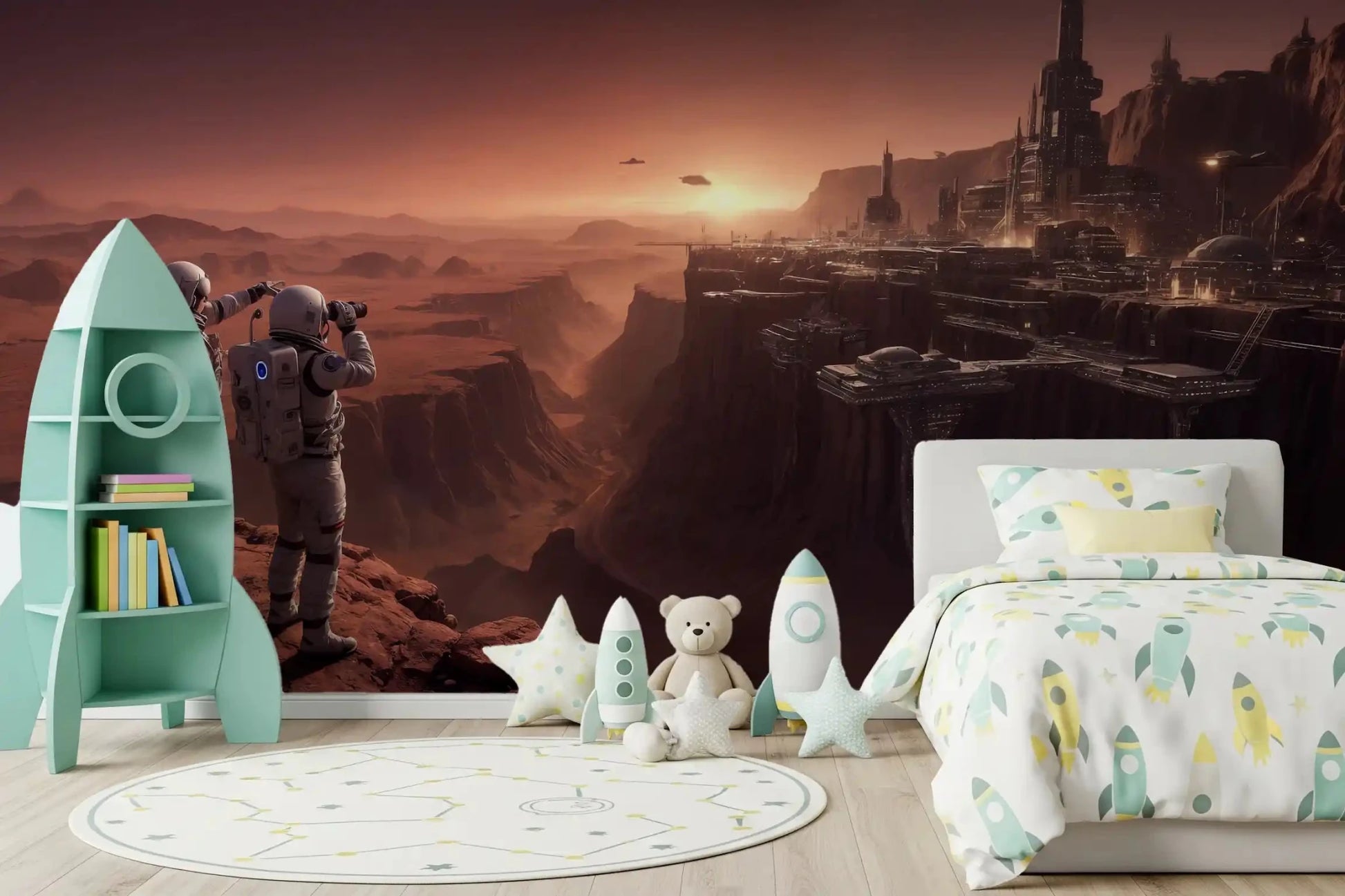 Mars Colony Vista Wall Mural wallpaper with sunset colours in a baby bedroom setting