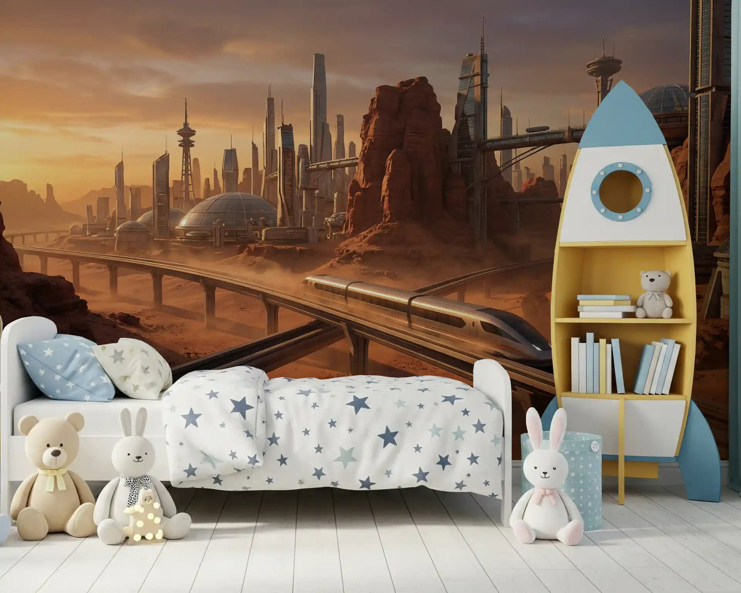Industrial style Martian Metropolis Wall Mural in a home office space.