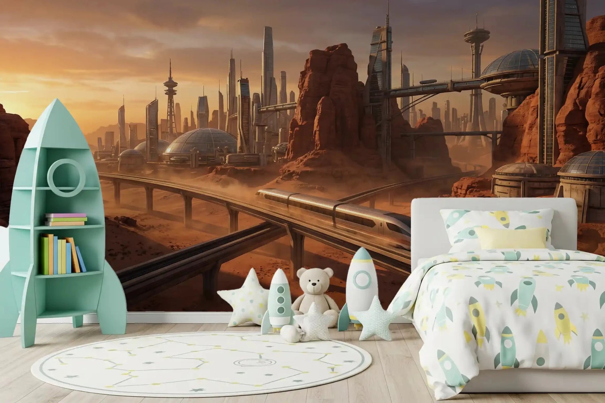 Martian Metropolis Wall Mural showing an alien metropolis in deep orange.
