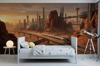 Geometric Martian city wallpaper art featuring a Martian Metropolis Wall Mural design.