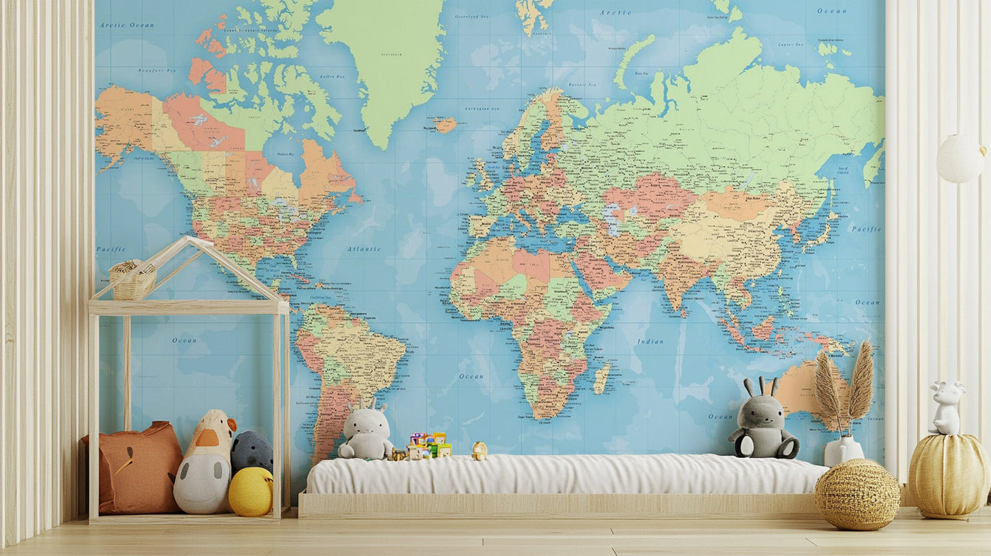 World Map Colourful Wallpaper Mural - Giffywalls