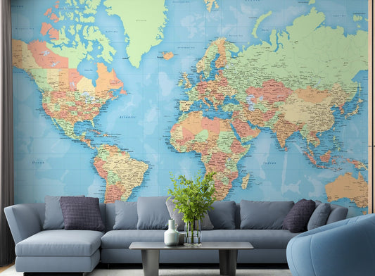 Vibrant world map wallpaper mural with colorful details.