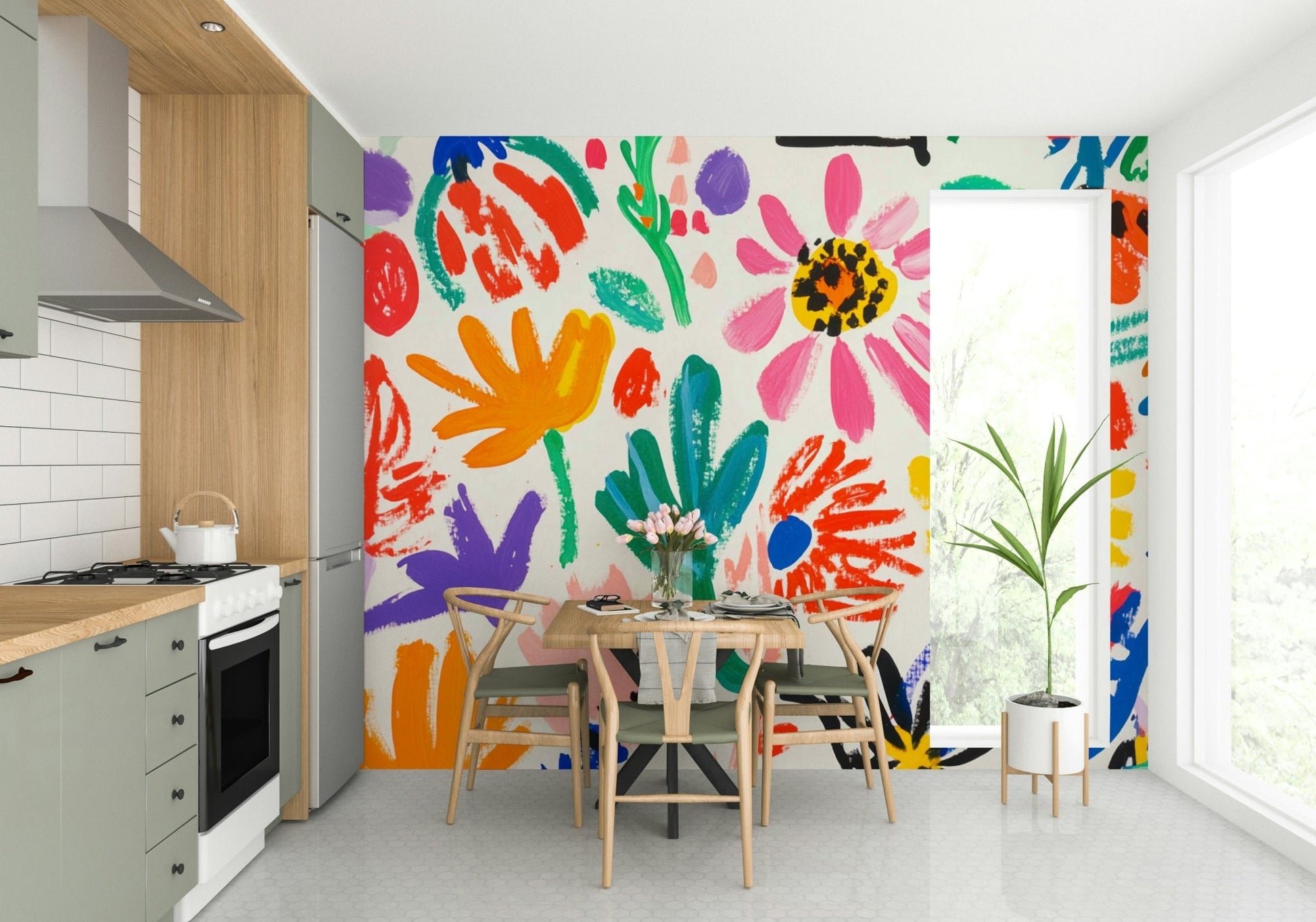 Contemporary flower collage mural in primary tones

