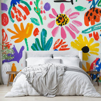 Oversized cut-out flowers in vibrant mural design


