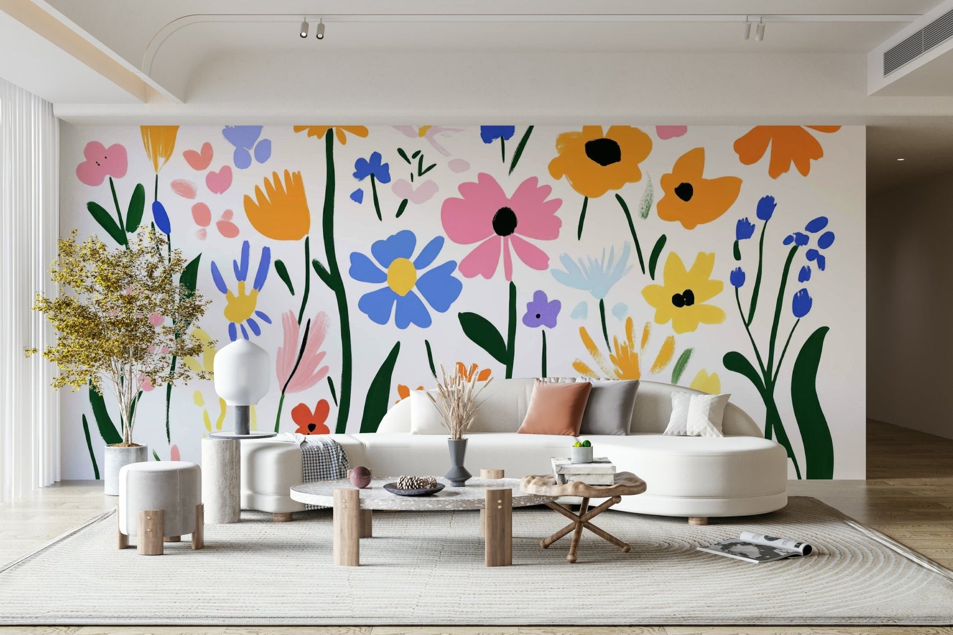 Artistic flower mural with flat paper-cut forms

