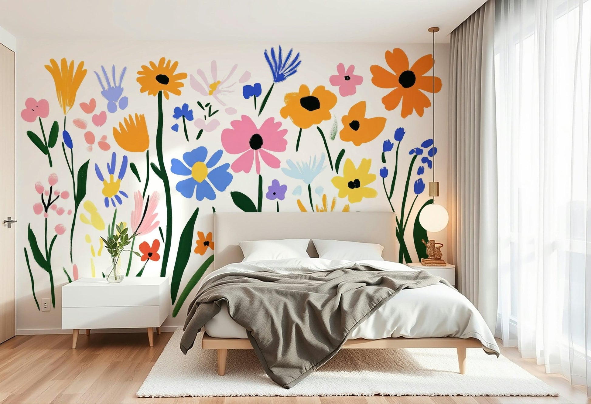 Vibrant floral mural in red, blue, and yellow

