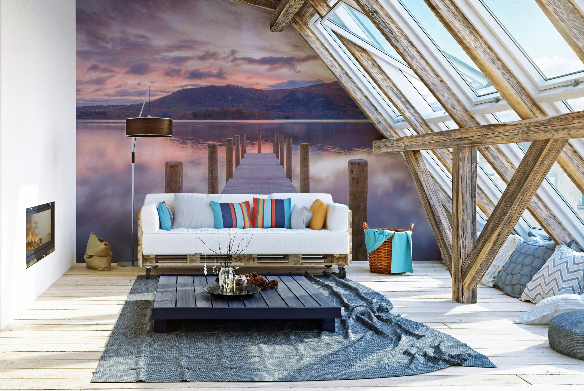 A bedroom with the coastal mural behind the headboard.

