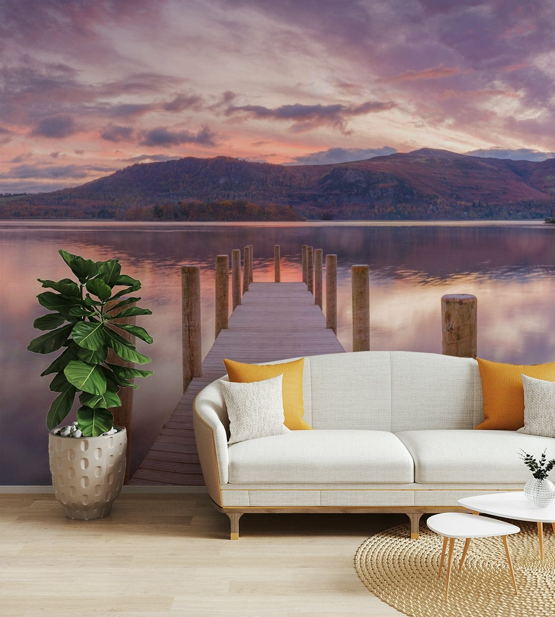 A contemporary living room with a large dock wall mural at dusk.

