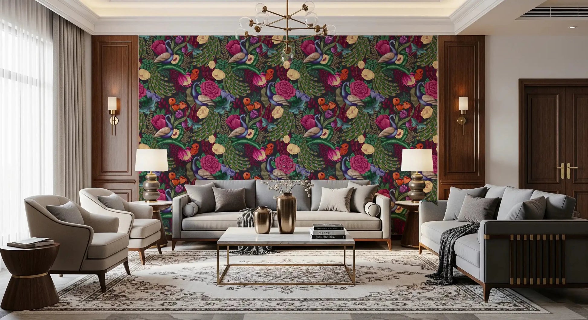 Dark botanical wallpaper with peacock feathers and vivid florals
