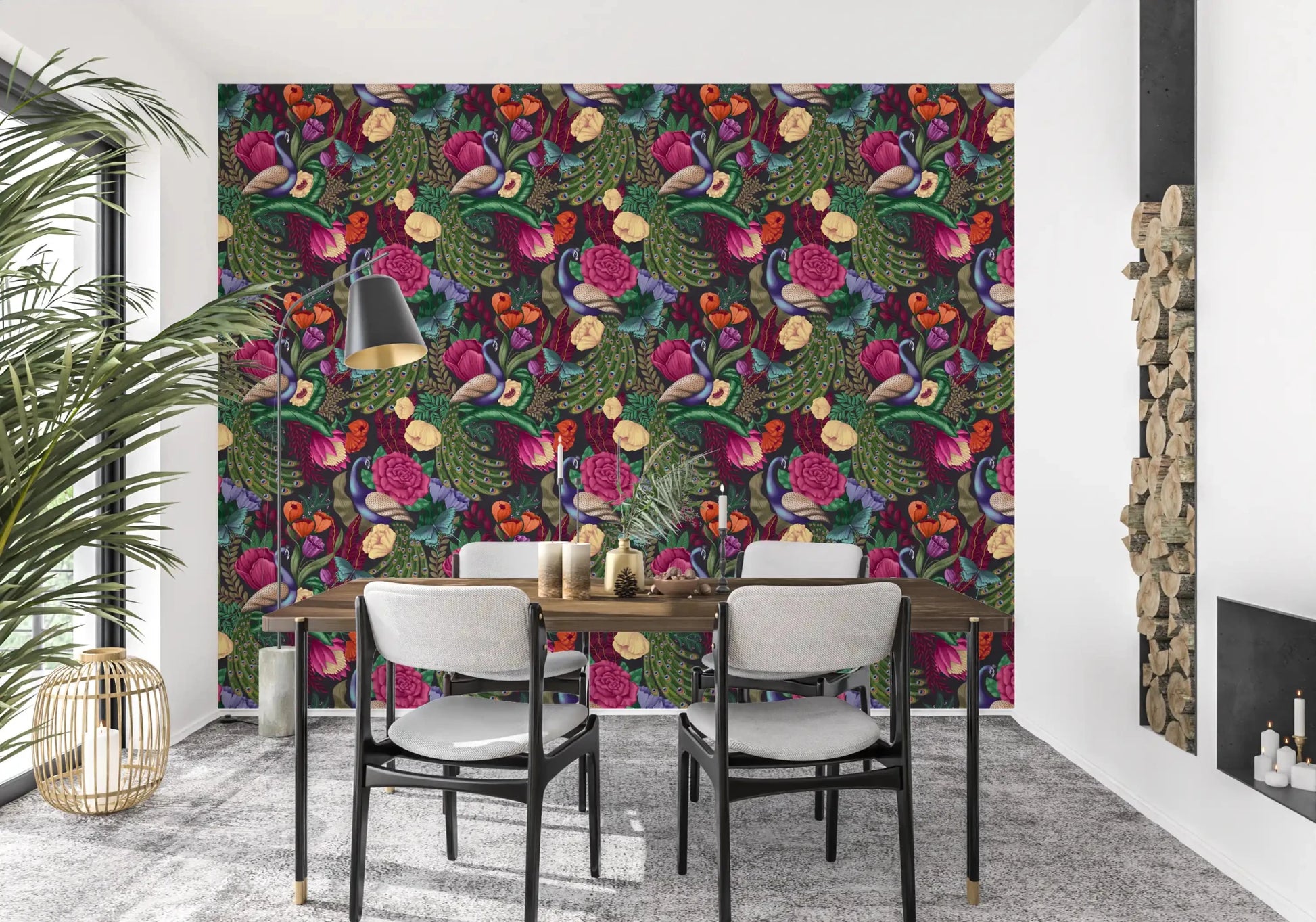 Peacock garden wallpaper in a diningroom with charcoal floral background