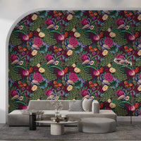 Charcoal black peacock wallpaper in a living room with floral detail