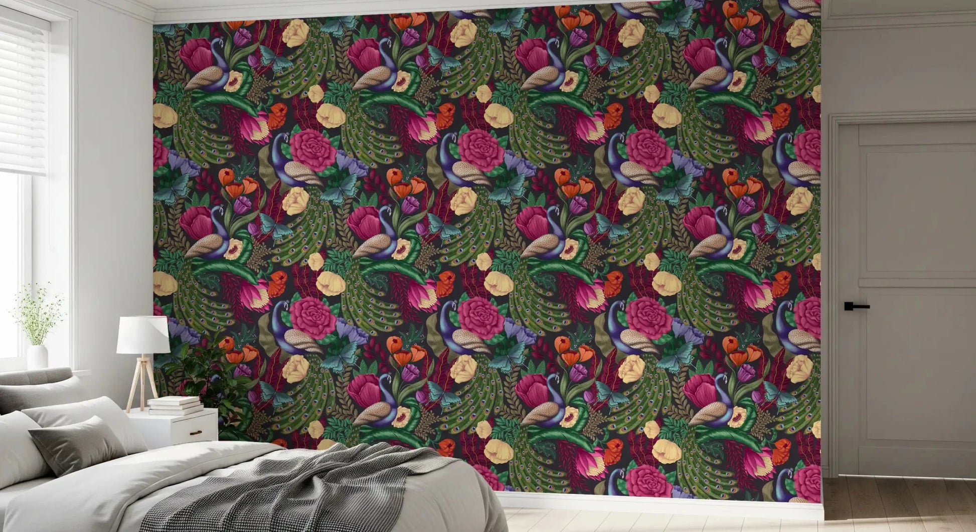 Fantasy garden wallpaper with roses, feathers, and leafy accents