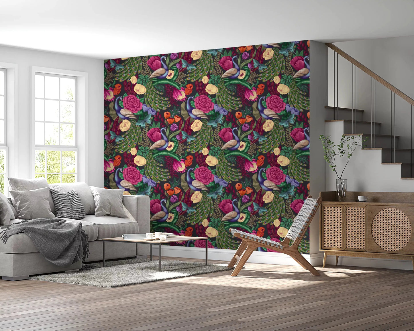 Charcoal black wallpaper with layered flowers and peacock detail