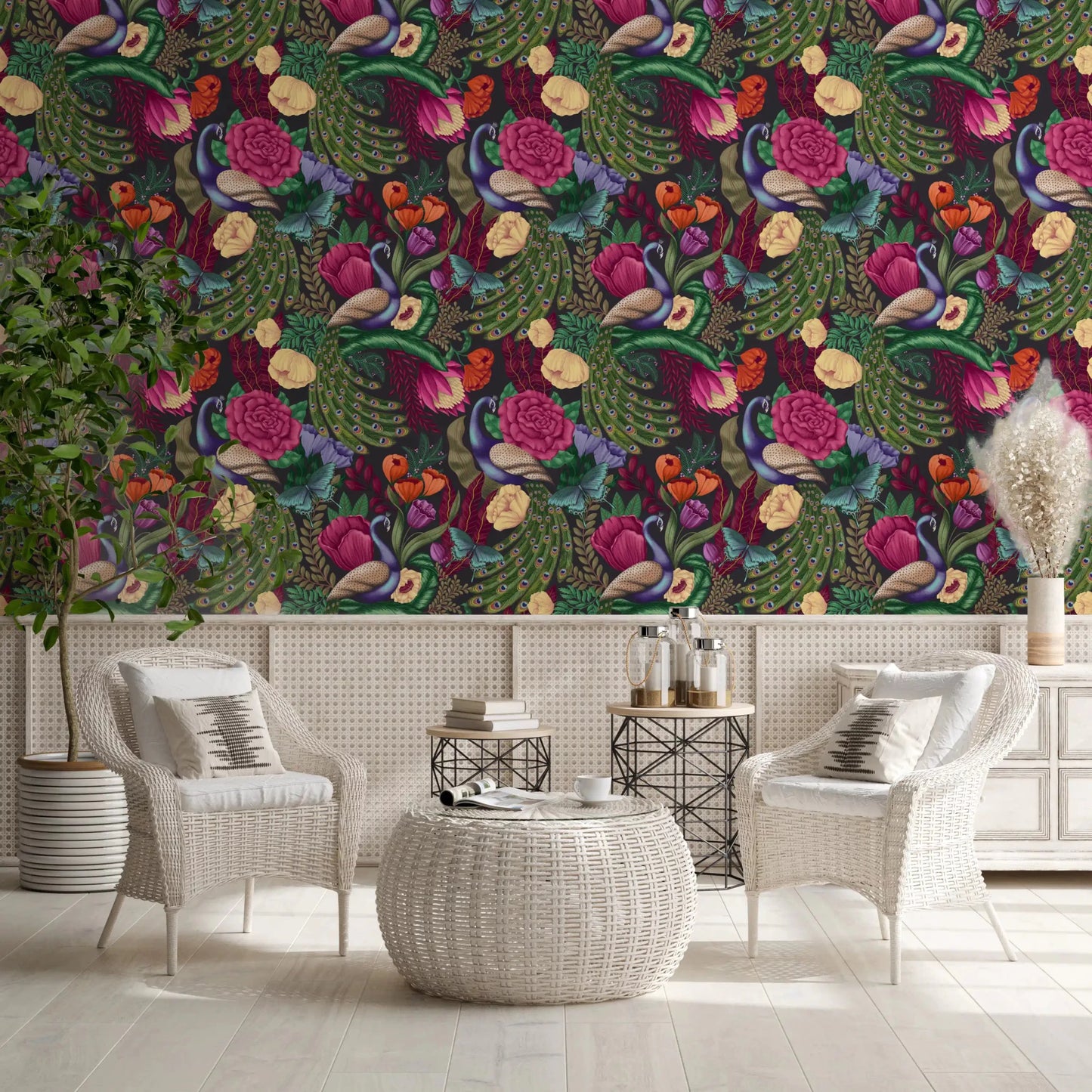 Peacock fantasy wallpaper with butterflies on a charcoal black base