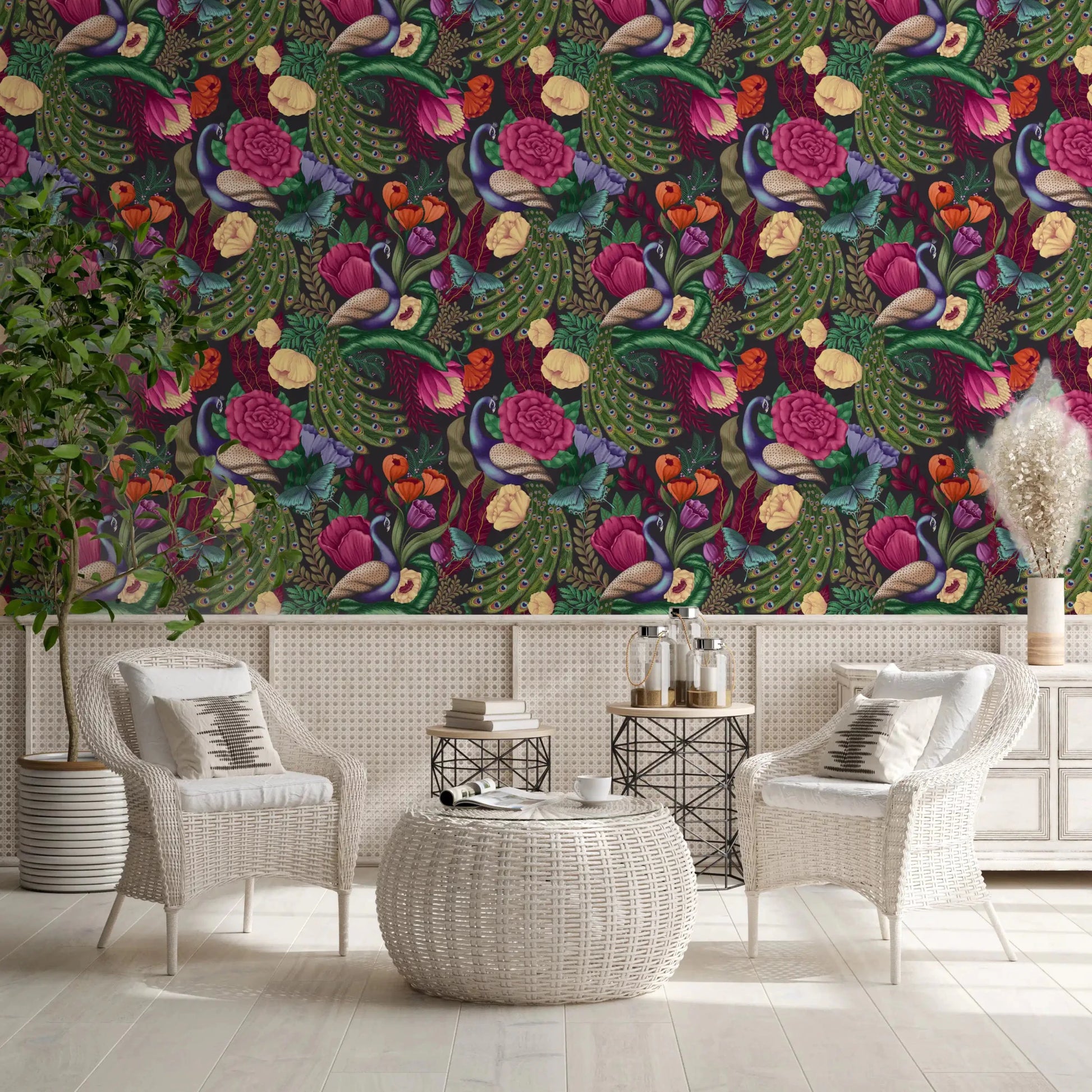 Peacock fantasy wallpaper with butterflies on a charcoal black base