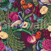 Bold botanical wallpaper with peacock motif and layered pattern