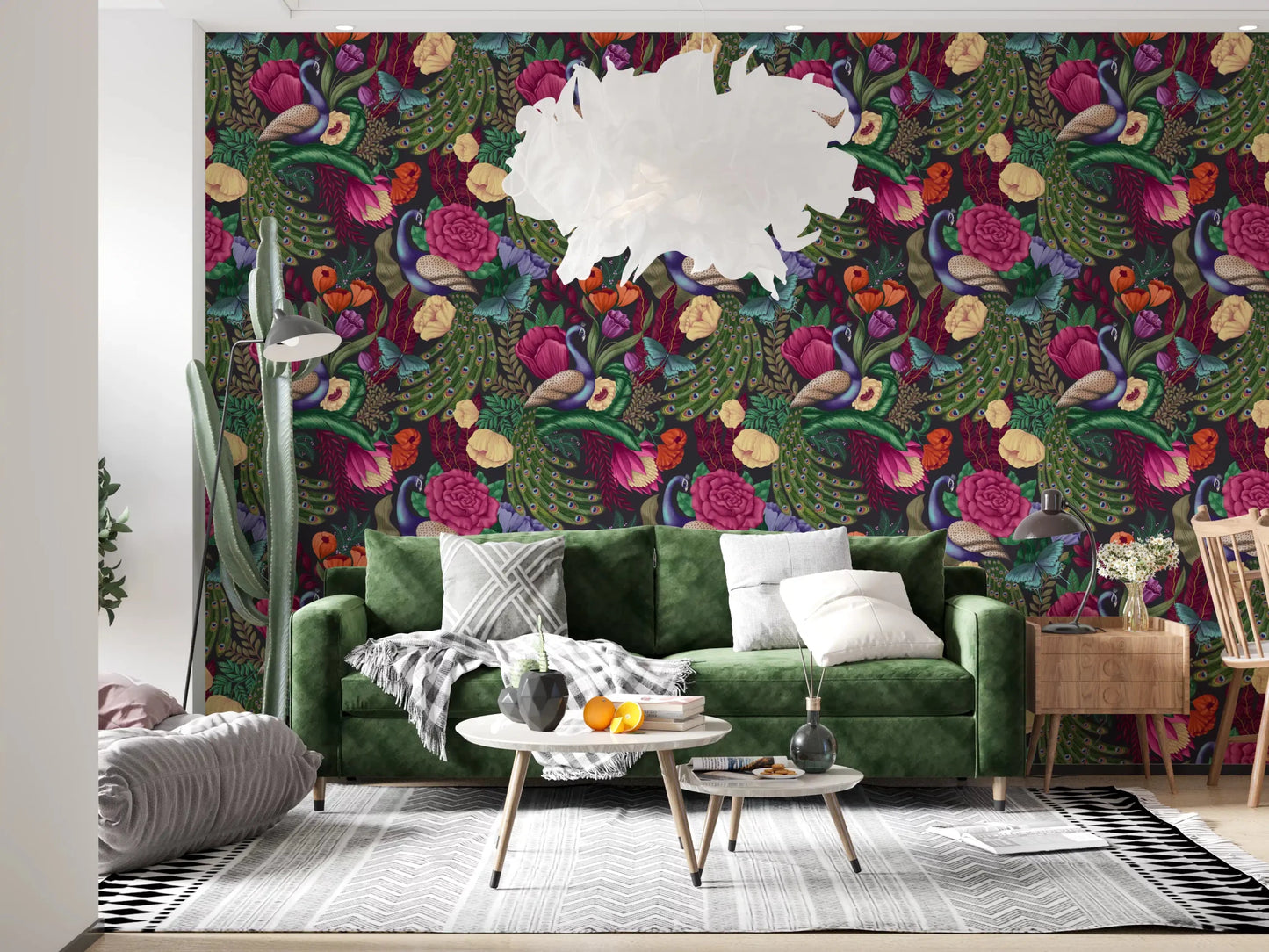Maximalist floral wallpaper with colorful peacock and foliage