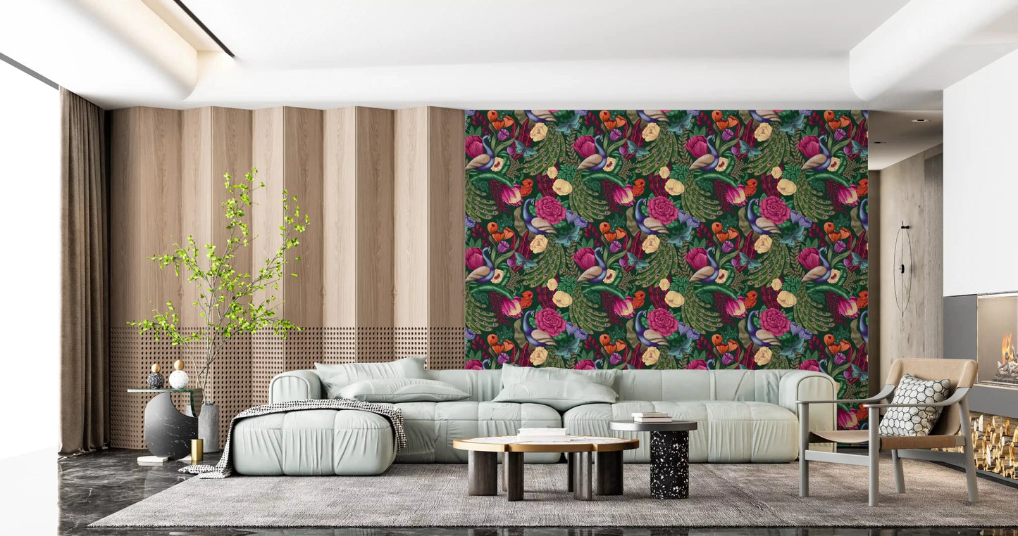Dark green wallpaper with peacock details and vivid botanicals