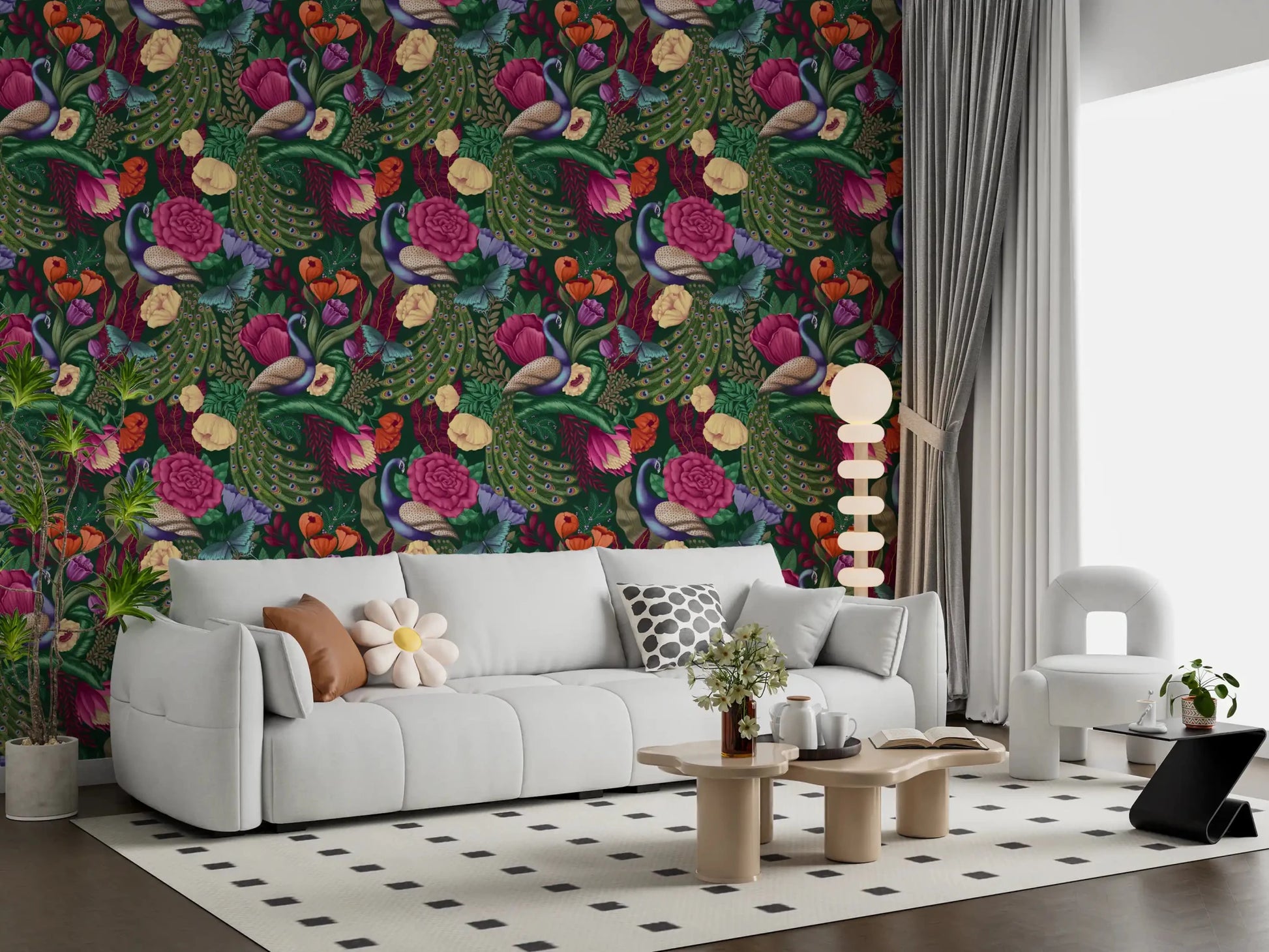 Peacock fantasy wallpaper with butterflies on a deep green base