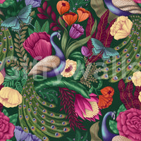 Decorative peacock wallpaper with bold florals on dark green