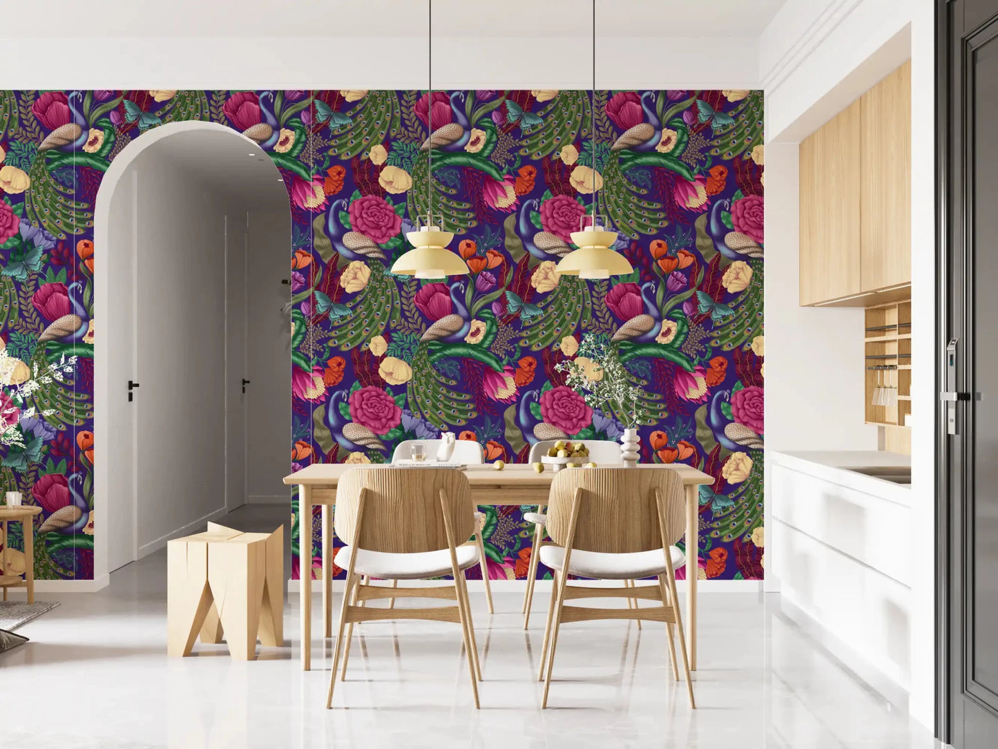 Maximalist floral wallpaper with peacock bird and jewel-tone details