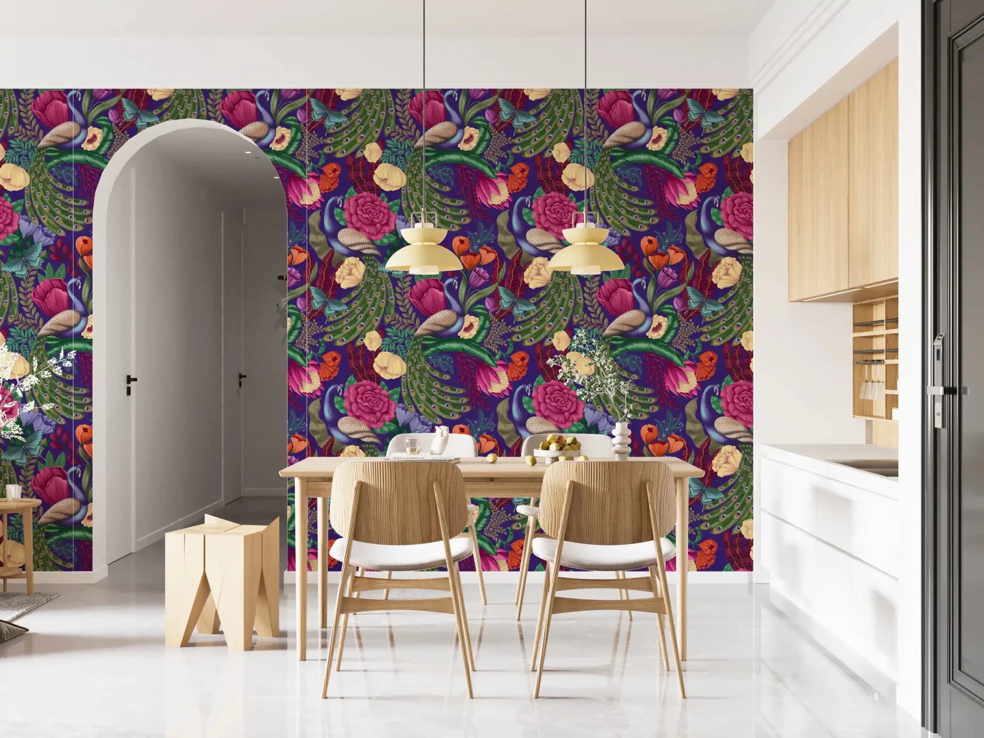 Maximalist floral wallpaper with peacock bird and jewel-tone details