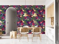 Maximalist floral wallpaper with peacock bird and jewel-tone details