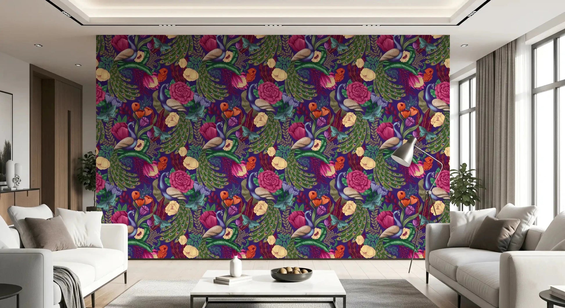 Dark purple peacock wallpaper in a living room with bold floral detail