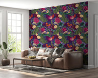 Peacock fantasy wallpaper with butterflies and layered botanical leaves