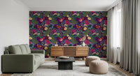 Dark purple floral wallpaper for a study room with peacock motifs