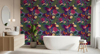 Fantasy garden wallpaper for a bathroom with colorful peacocks and floral pattern