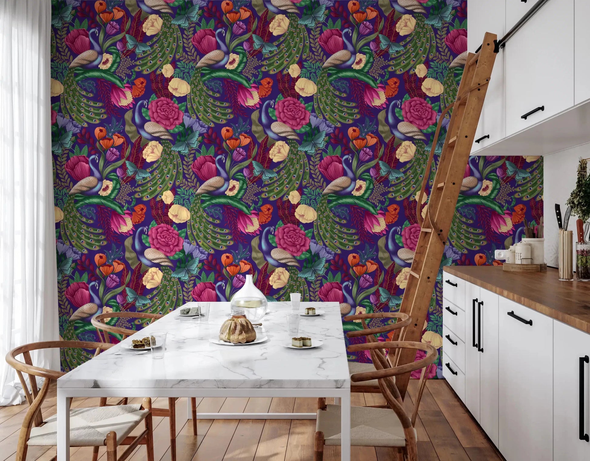 Peacock feather wallpaper with rich flowers on a dark purple background