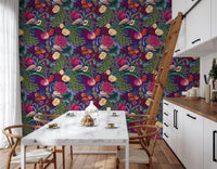 Peacock feather wallpaper with rich flowers on a dark purple background