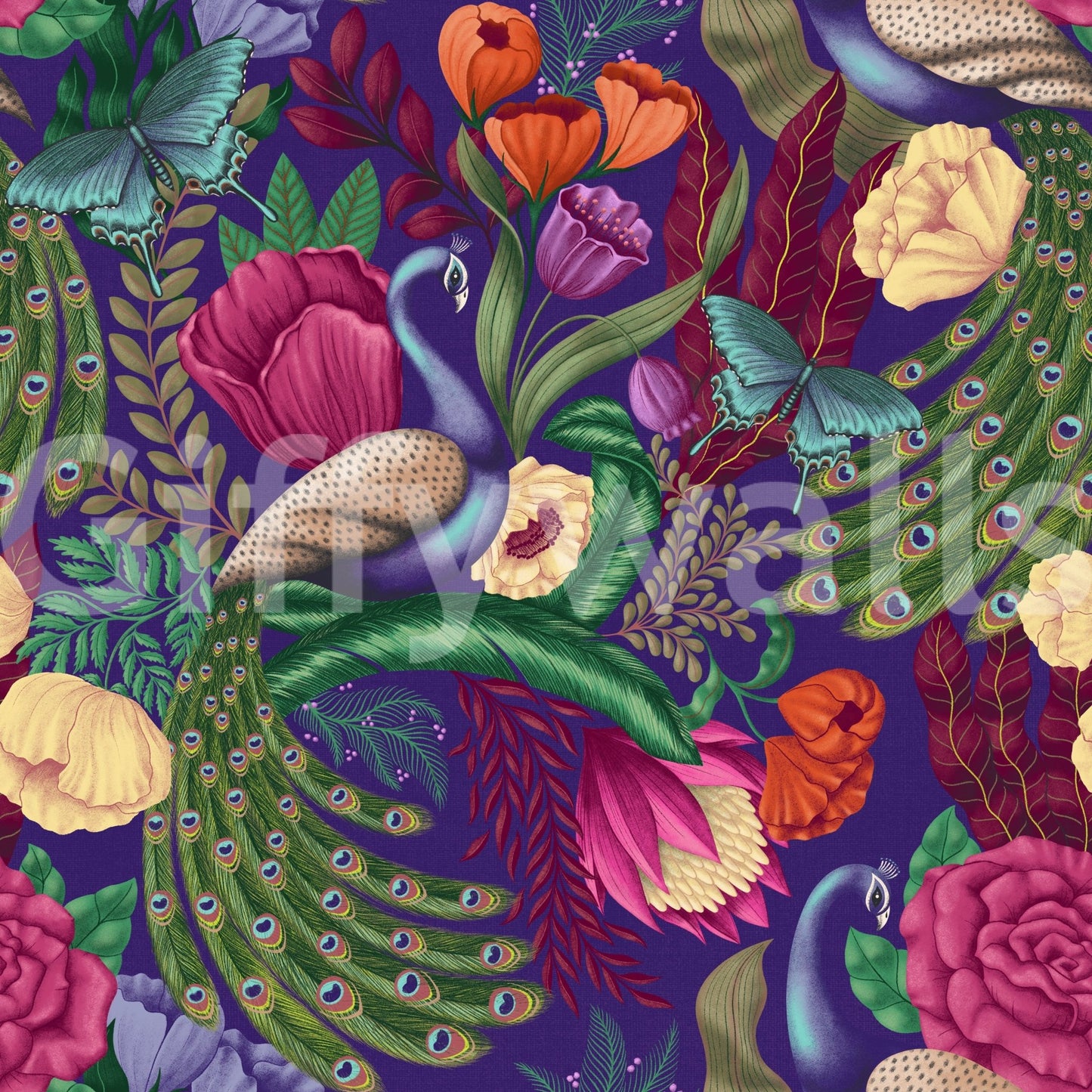 Bold botanical wallpaper with peacock elements and layered foliage
