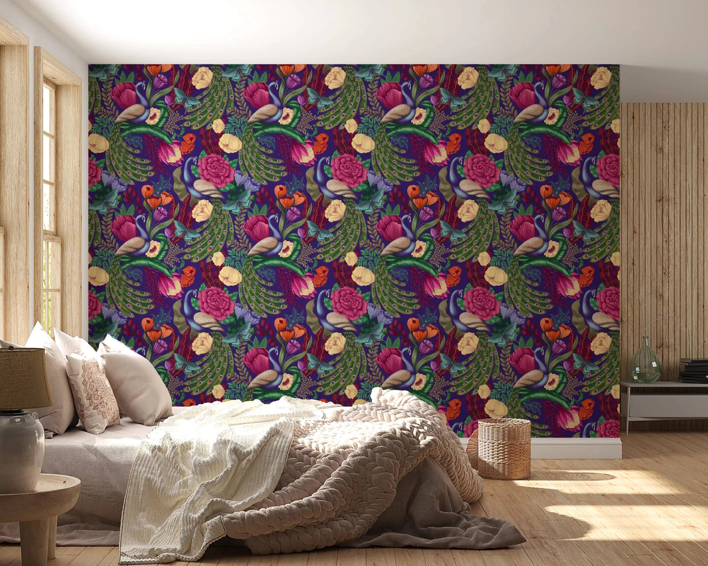 Maximalist peacock wallpaper for a bedroom with rich botanical pattern