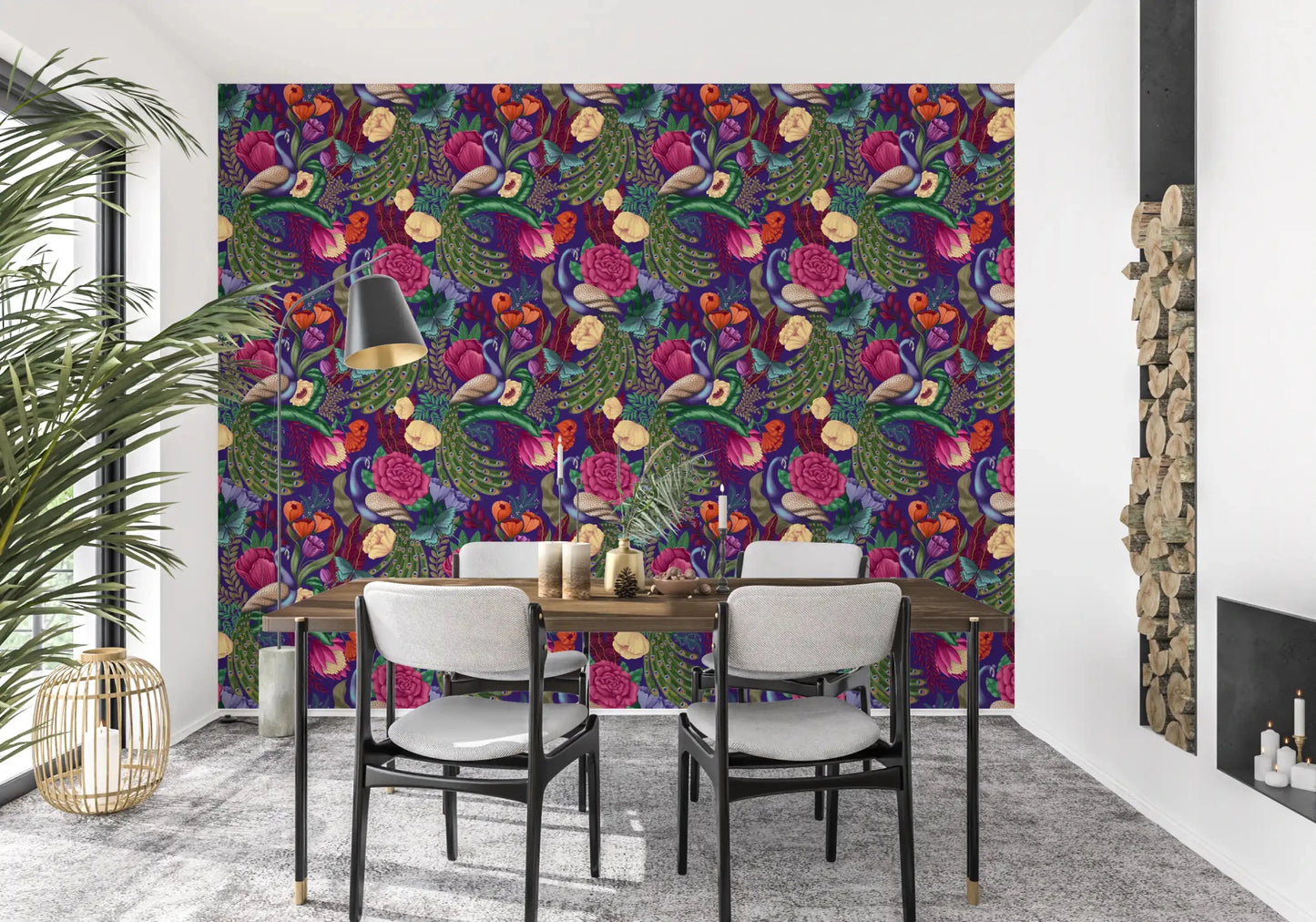 Botanical peacock wallpaper with roses, feathers, and deep purple base
