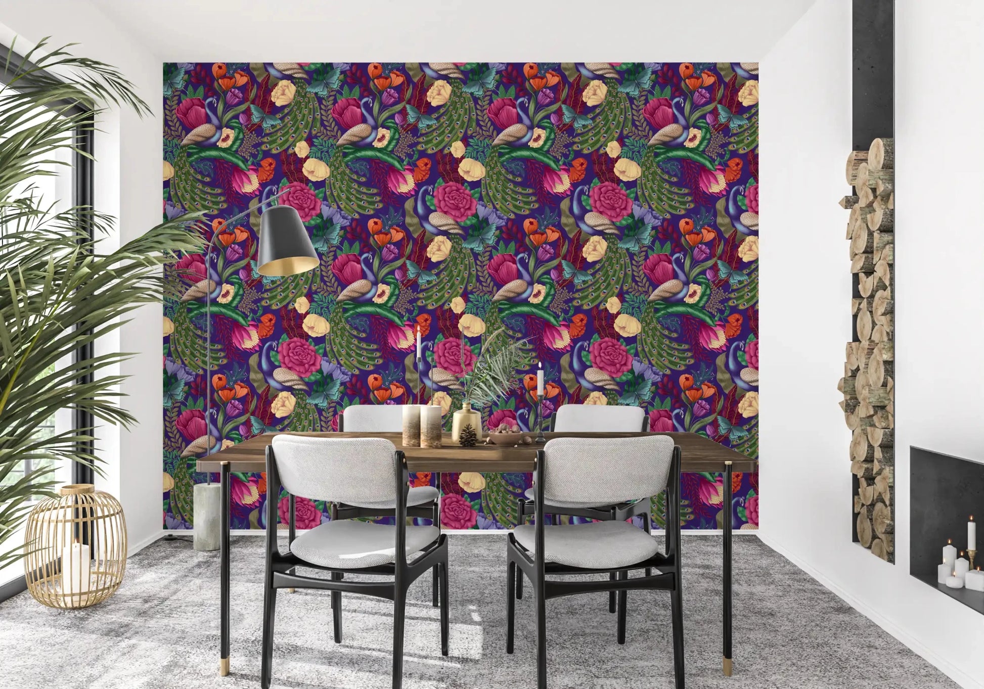 Botanical peacock wallpaper with roses, feathers, and deep purple base