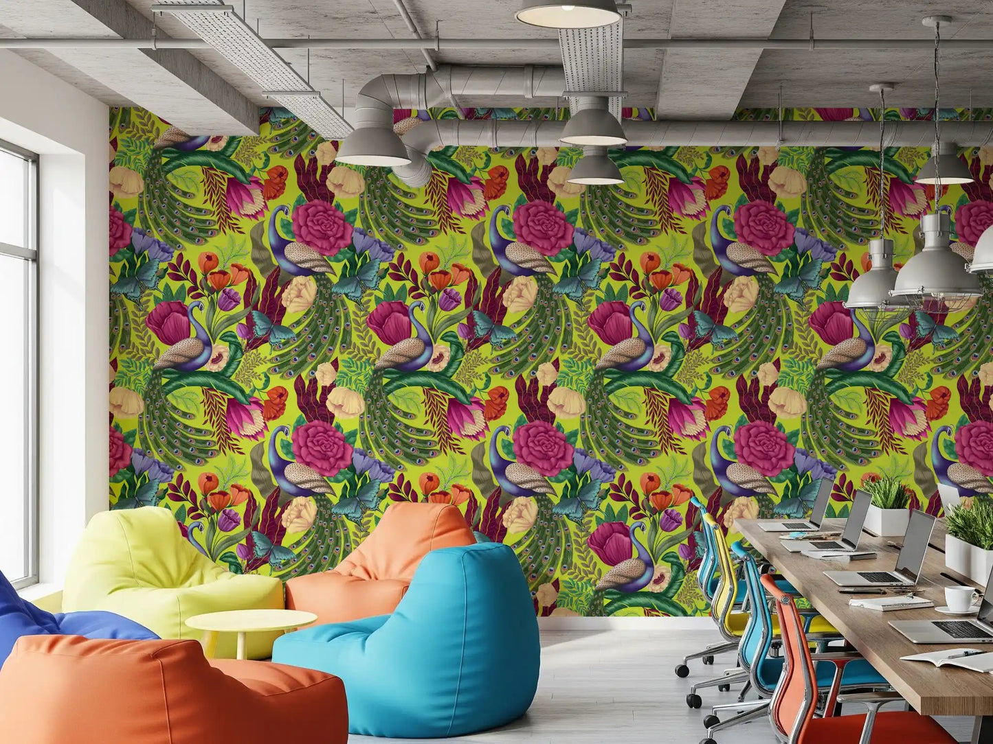 Fantasy garden wallpaper with rich botanicals on neon green