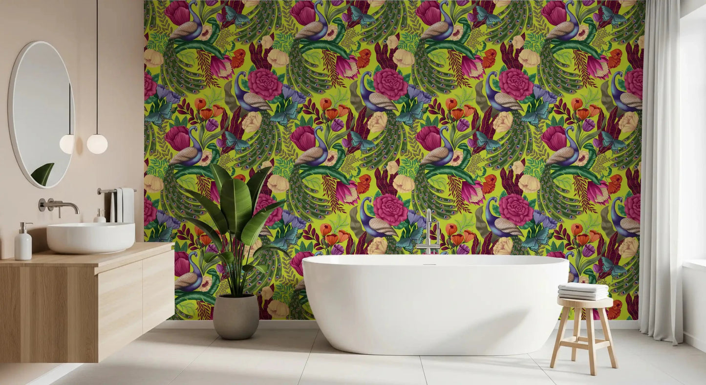 Bold botanical wallpaper with colorful florals and peacock detail