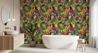 Bold botanical wallpaper with colorful florals and peacock detail