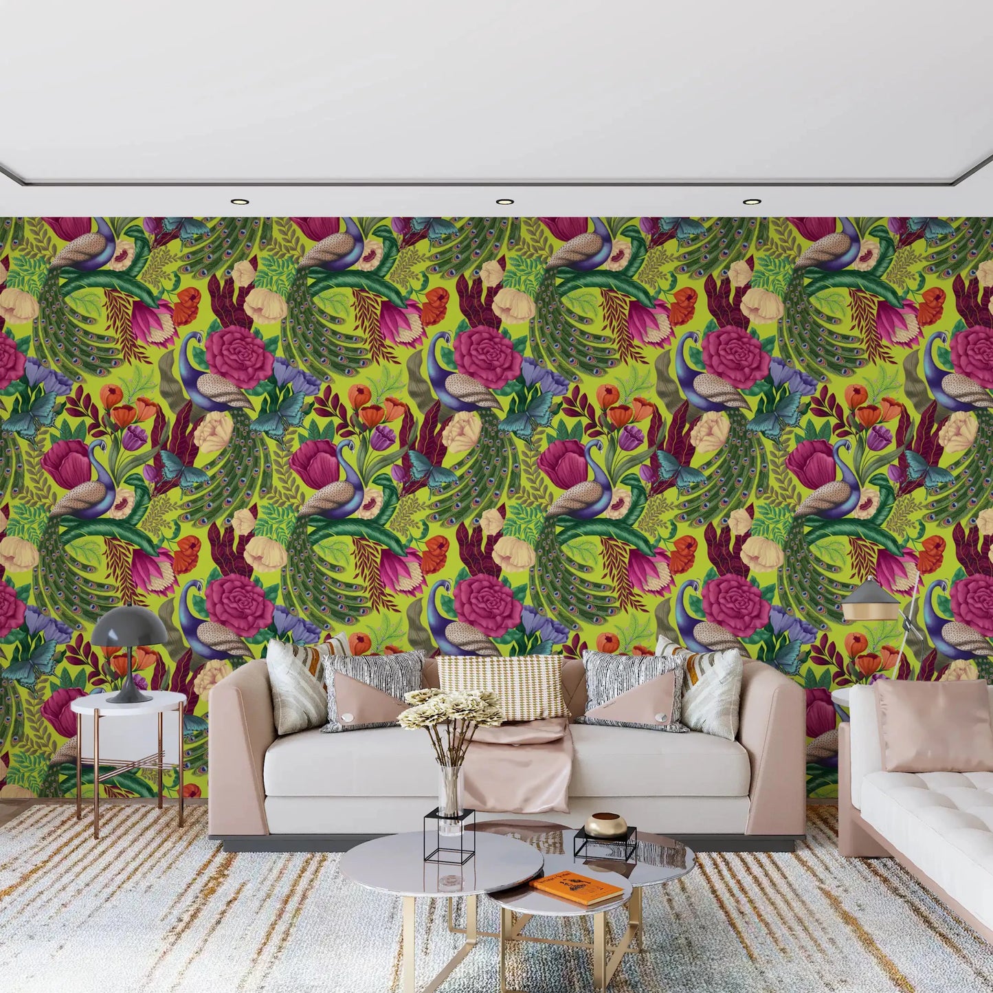Maximalist peacock wallpaper for a living room with vivid botanical pattern