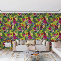 Maximalist peacock wallpaper for a living room with vivid botanical pattern