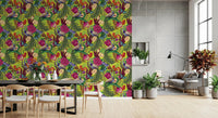 Neon green peacock wallpaper in a dining room with bold floral detail