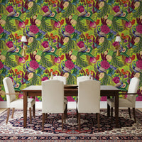 Decorative peacock wallpaper with roses, feathers, and leaf pattern