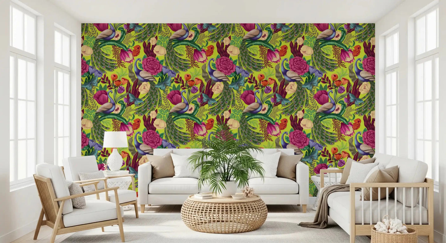 Bright peacock wallpaper with butterflies and layered garden florals
