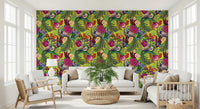 Bright peacock wallpaper with butterflies and layered garden florals